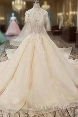 Champagne Tulle Sequins High Neck Cap Sleeve Luxury Wedding Dress With Removable Train
