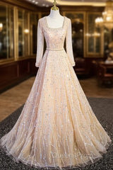 Champagne Tulle Sequins Long Sleeve Evening Prom Dress