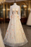 Champagne Tulle Sequins Long Sleeve Square Evening Prom Dress