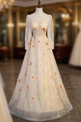 Champagne Tulle Sequins Long Sleeve Square Evening Prom Dress