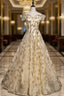 Champagne Tulle Sequins Off the Shoulder Long Evening Prom Dress