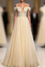 Champagne Tulle Sequins Off the Shoulder Pearls Evening Prom Dress