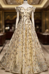 Champagne Tulle Sequins Off the Shoulder Evening Prom Dress