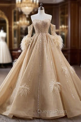 Champagne Tulle Sequins Evening Prom Dress With Detachable Sleeve