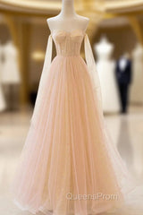 Champagne Tulle Sequins Strapless Evening Prom Dress