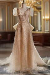 Champagne Tulle Sequins V-neck Short Sleeve Evening Prom Dress