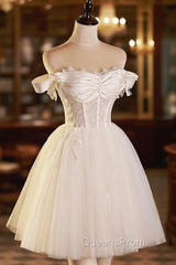 Champagne Tulle Short A-Line Evening Prom Dress, Off the Shoulder Evening Party Dress