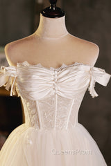 Champagne Tulle Short A-Line Evening Prom Dress, Off the Shoulder Evening Party Dress