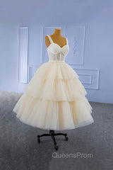 Champagne Tulle Short Evening Prom Dress with Beaded, A-Line Tea Length Party Dress