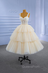 Champagne Tulle Short Evening Prom Dress with Beaded, A-Line Tea Length Party Dress