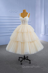 Champagne Tulle Short Evening Prom Dress with Beaded, A-Line Tea Length Party Dress