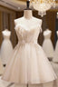 Champagne Tulle Spaghetti Straps Appliques Homecoming Dress