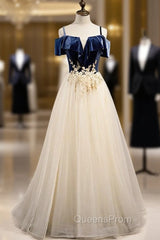 Champagne Tulle Spaghetti Straps Appliques Evening Prom Dress