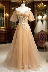 Champagne Tulle Spaghetti Straps Beading Evening Prom Dress