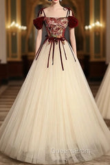 Champagne Tulle Spaghetti Straps Evening Prom Dress