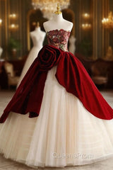Champagne Tulle Strapless Burgundy Velvet Evening Prom Dress