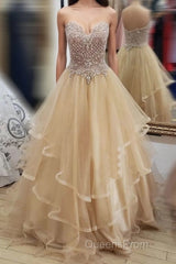 Champagne tulle sweetheart long Evening Prom Dress, champagne evening Dress