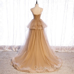 Champagne Tulle Sweetheart Straps Long Ball Gown Evening Prom Dress, Champagne Party Dress