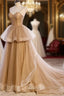 Champagne Tulle Sweetheart Straps Long Ball Gown Evening Prom Dress, Champagne Party Dress