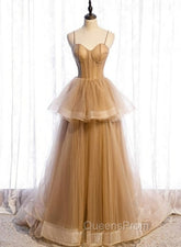 Champagne Tulle Sweetheart Straps Long Ball Gown Evening Prom Dress, Champagne Party Dress