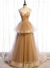 Champagne Tulle Sweetheart Straps Long Ball Gown Evening Prom Dress, Champagne Party Dress