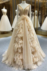 Champagne Tulle V-neck Beading Evening Prom Dress