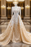 Champagne Tulle V-neck Long Sleeve Evening Prom Dress With Detachable Train
