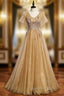 Champagne Tulle V-neck Short Sleeve Beading Evening Prom Dress