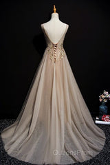 Champagne Tulle V-Neckline Long Lace Evening Prom Dress, A-Line Formal Gown Party Dress