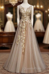 Champagne Tulle V-Neckline Long Lace Evening Prom Dress, A-Line Formal Gown Party Dress