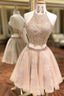 Champagne Two Piece Halter Lace Tulle Homecoming Dress