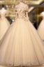 Champagne V-Neck Lace Long Ball Gown, Off the Shoulder Evening Dress