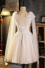 Champagne V-Neck Lace Short Evening Prom Dress, Lovely A-Line Evening Party Dress