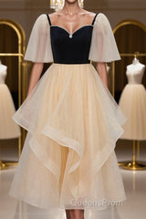 Champagne V Neck Tea Length Evening Prom Dress, Tea-Length Formal Graduation Dress