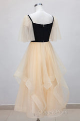 Champagne V Neck Tea Length Evening Prom Dress, Tea-Length Formal Graduation Dress