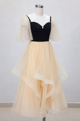 Champagne V Neck Tea Length Evening Prom Dress, Tea-Length Formal Graduation Dress