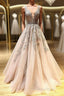 Champagne v neck tulle lace beads long Evening Prom Dress tulle formal Dress
