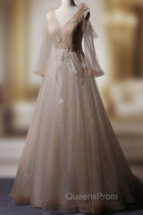 Champagne V Neck Tulle Lace Long Evening Prom Dress, Champagne Evening Dress
