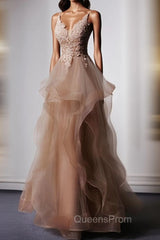 Champagne V Neck Tulle Lace Long Evening Prom Dress, Champagne Graduation Dress