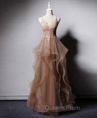 Champagne V Neck Tulle Lace Long Evening Prom Dress, Champagne Graduation Dress