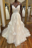 Champagne v neck tulle lace long Evening Prom Dress, champagne lace evening Dress