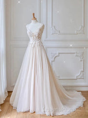 Champagne V Neck Tulle Lace Long Evening Prom Dress Evening Dress A Line Sleeveless Formal Dress