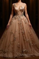 Champagne v neck tulle lace Evening Prom Dress, champagne tulle evening Dress