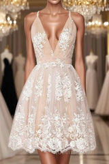 Champagne v neck tulle lace short Evening Prom Dress champagne tulle bridesmaid Dress