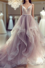 Champagne v neck tulle long Evening Prom Dress champagne tulle formal Dress