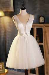 Champagne V-Neck Tulle Short Evening Prom Dress, Champagne Homecoming Dress