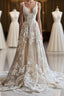 Champagne Vintage A-Line Spaghetti Strap Lace Tulle Long Evening Prom Dress Wedding Dress