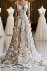 Champagne Vintage A-Line Spaghetti Strap Lace Tulle Long Evening Prom Dress Wedding Dress