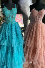 Periwinkle Lace Sweetheart Tiered Long Evening Prom Dress with Ruffles