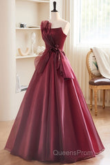 Charming And Elegant Wine Red Sleeveless Off Shoulder Ball Dress, Wine Red A-Shaped Princess Strapless Butterfly Tie With Backless Strap And Ground Length Evening Prom Dress